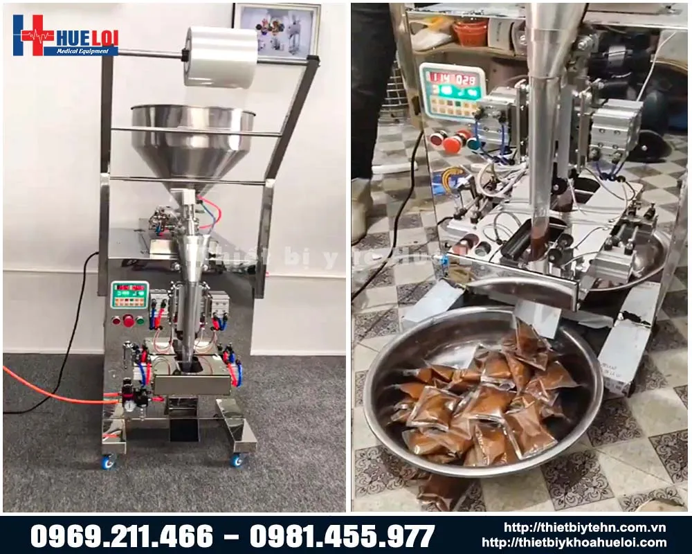 Hình ảnh thực tế sử dụng máy đóng túi chất lỏng chứa tạp chất có cánh khuấy