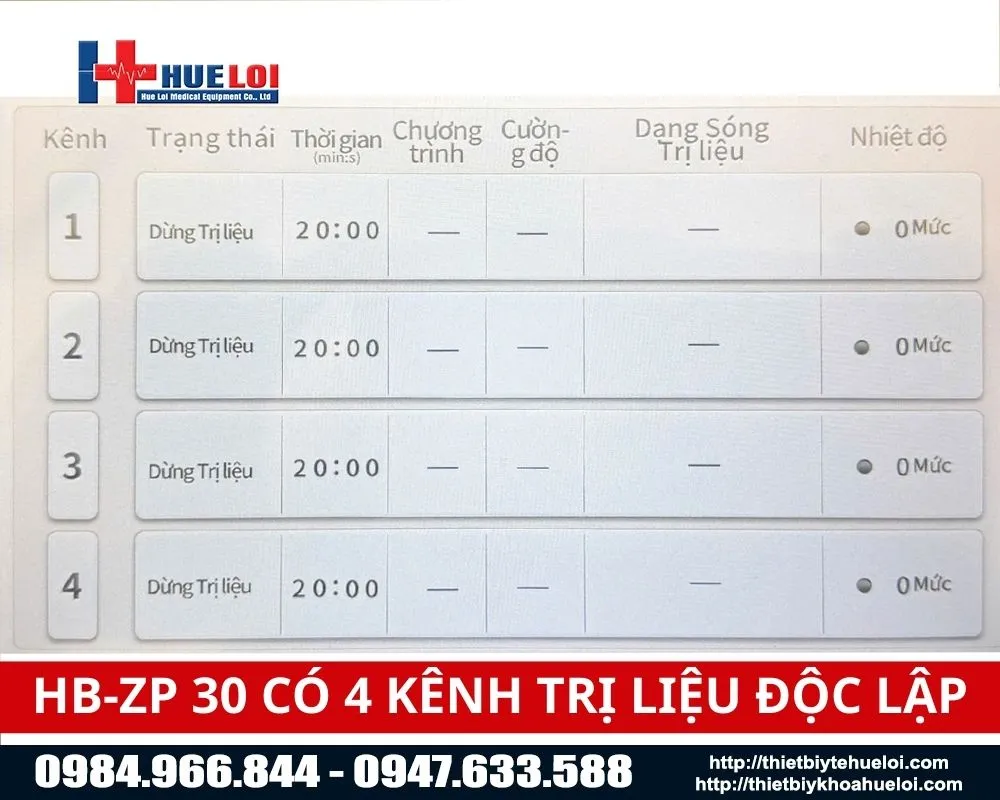 Máy điện xung trung tần giao thoa hb-zp30 với 4 kênh trị liệu độc lập tạo ra 2 kênh giao thoa
